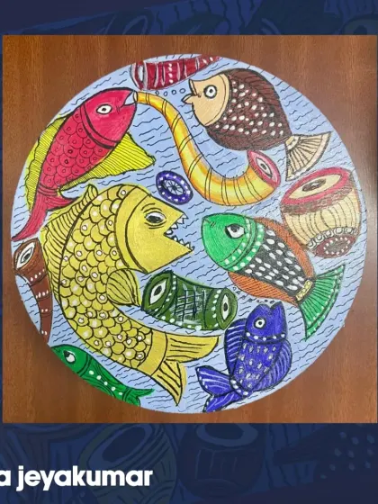 A vibrant Bengal Santhal art piece by Usha Jeyakumar, depicting the "Fish Wedding" theme. This style is known for its bold colors and lively compositions.