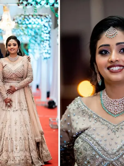 A diptych of the elegant reception couple, one posed and one a beautiful close-up of the bride.