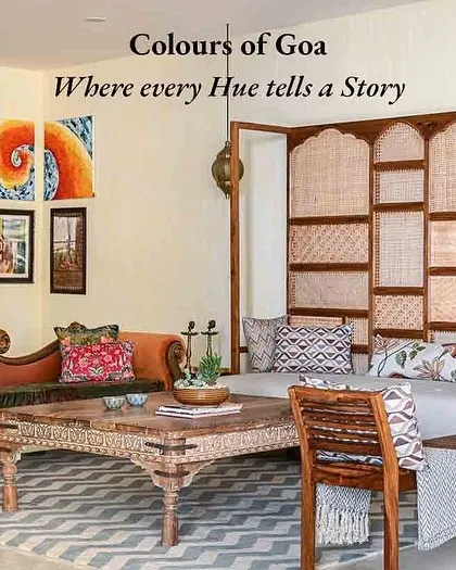 A collage from the "Colors of Goa" project, showing the living area with its mix of antique furniture, art, and a custom cane screen.