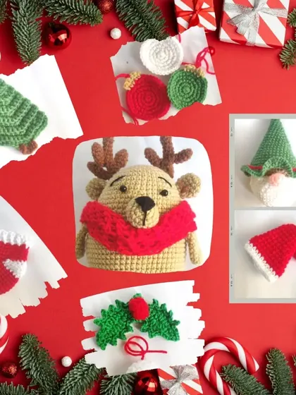 A collage of my handmade Christmas goodies, from ornaments like trees and stockings to my festive reindeer amigurumi. Everything you need to make your holiday season extra special and handmade.