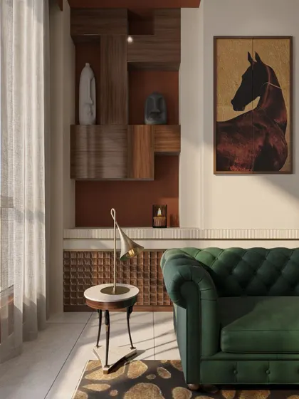 Another view of the jewel-toned entertainment room, highlighting the rich color palette and the blend of classic and modern elements.