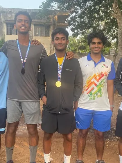 Our players, including Ishaan Yadlapalli, celebrating with their medals after he won the U17 SGFI gold medal and secured his selection for the Khelo India Nationals.