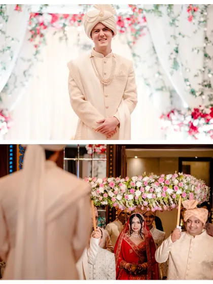 A diptych showing a classic portrait of the groom and a beautiful shot of the bride's entrance. This pairing tells a story of anticipation and arrival.