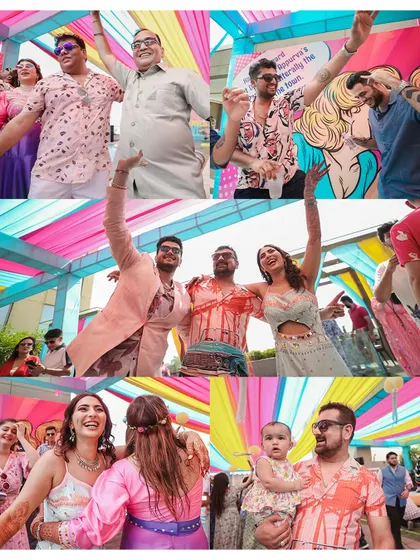 A collage of pure party vibes from the pool party. It's all about friends, family, dancing, and celebrating the couple with unrestrained joy.