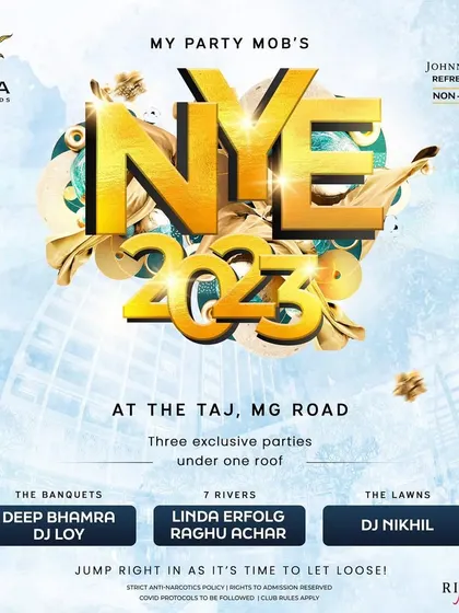The main event poster for the NYE 2023 party at The Taj, featuring the lineup across three different venues within the hotel.