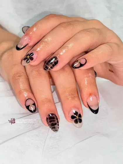 Another view of the mixed-media black floral set, showing how the different patterns and textures work together to create a cohesive, stylish look.