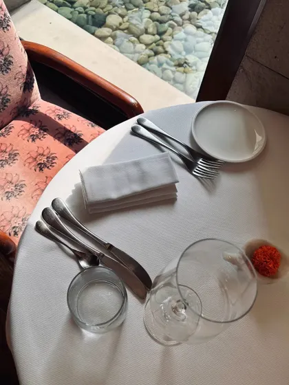 Lunch at Indian Accent. A quiet table by the window, where you can enjoy a warm afternoon and watch our feathered regulars in the garden.
