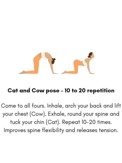 The Cat and Cow pose (Marjaryasana-Bitilasana) is a simple but powerful flow for improving spine flexibility and releasing tension. I recommend 10 to 20 repetitions to gently warm up the back.