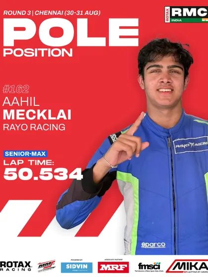 Aahil Mecklai of Rayo Racing, celebrating pole position in the Senior Max class with a fastest lap of 50.534.