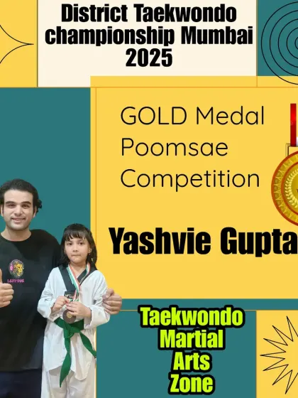 Yashvie Gupta with her gold medal for Poomsae at the District Championship. She is a champion in both sparring and forms.
