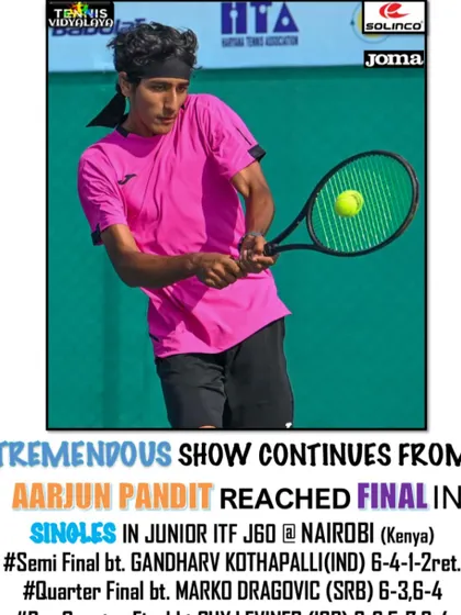 An action shot announcing Aarjun's reach into the singles final at the Junior ITF J60 in Nairobi.
