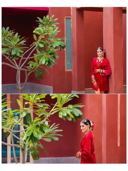 A collage of the bride posing against a bold, red architectural background. The contrast with the green tree creates a vibrant and artistic composition.