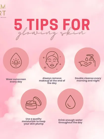 My top 5 tips for glowing skin. Wear sunscreen, always remove your makeup, double cleanse, use a quality moisturizer, and drink enough water. Healthy skin is the best canvas.