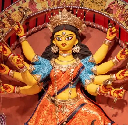 Ma Durga Devi is the divine mother and protector. Riding a lion, she embodies strength, courage, and the triumph of good over evil, offering empowerment and grace to her devotees.