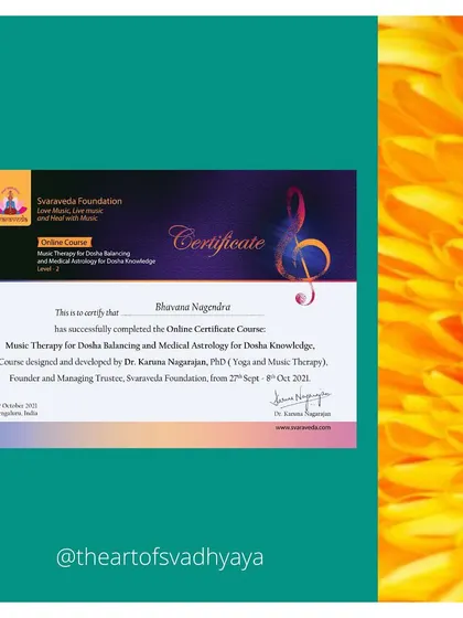 I integrate Indian music therapy into my practice, a skill I honed through specialized training. This certificate represents one part of that journey, showcasing a unique method I use for balancing the mind and body, and facilitating a deeper healing process.