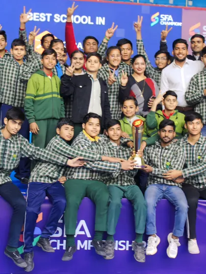 The entire team celebrating our 'Best School in Kabaddi' award at the SFA Championships.