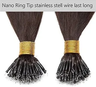 A detailed look at our Nano Ring Tip extensions, featuring a durable stainless steel wire loop. This design ensures a long-lasting and secure attachment for even the finest hair.