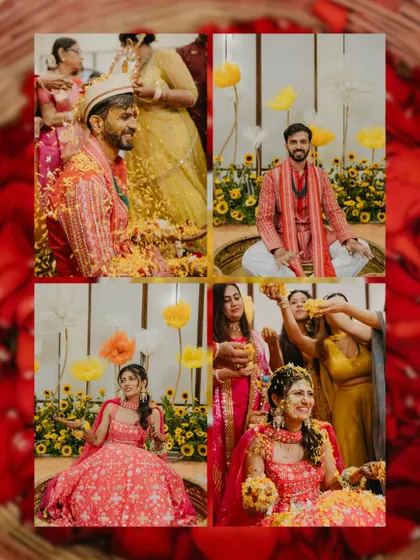 A collage showing the bride and groom being showered with flowers during their Haldi rituals. It’s a snapshot of the joy, color, and tradition of the ceremony.