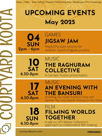 Our May 2025 event calendar featuring The Raghuram Collective. We ensure our community is always aware of the diverse musical events happening each month.