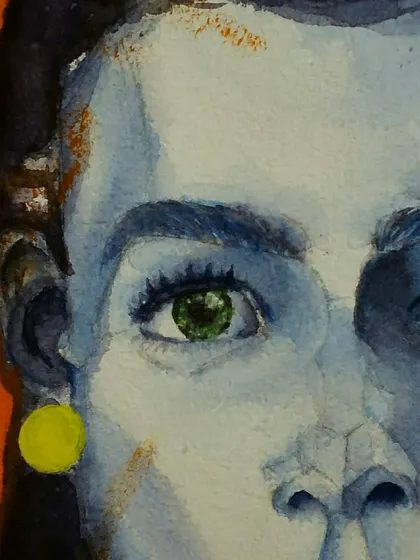 Another detailed shot of the mixed-media piece, highlighting the earring and the watercolor blending on the cheek.