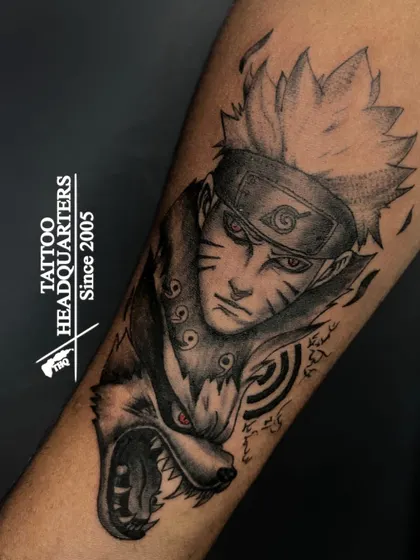 We're fans of pop culture and enjoy bringing anime and cartoon characters to life. This detailed Naruto and Kurama tattoo is a great example of our realism style applied to fan art.