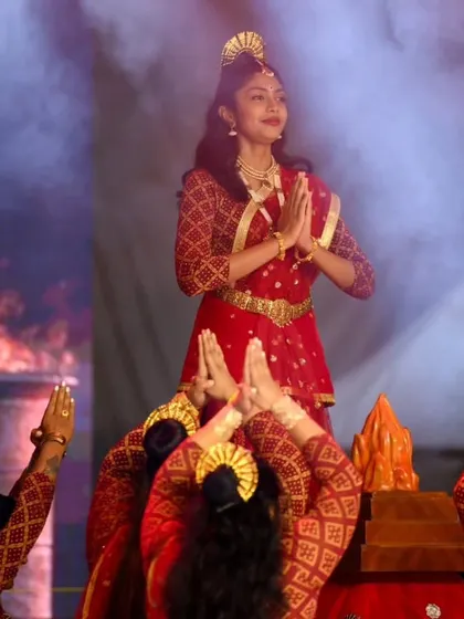 The birth of Draupadi from the sacred fire, a stunning visual from our dance drama production. Our students' performances brought this epic moment to life.
