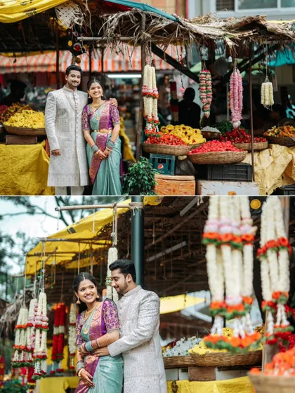 A collage showcasing the couple at a flower market, capturing both a formal pose and a candid, happy interaction.