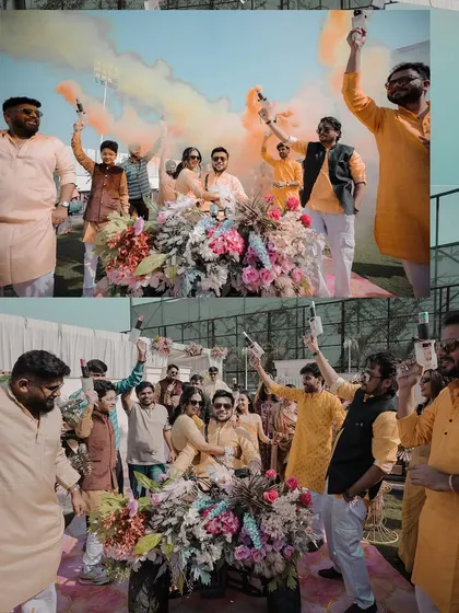 The groom's grand entry at the Haldi carnival. This collage shows him arriving on a decorated tractor, surrounded by friends with colorful smoke bombs, setting a fun and energetic tone for the event.