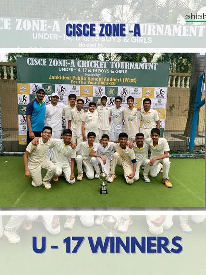 Our U-17 Boys team, the champions of the CISCE Zone-A Cricket Tournament. They celebrate with their trophy, a symbol of their unbeatable spirit and fierce teamwork.