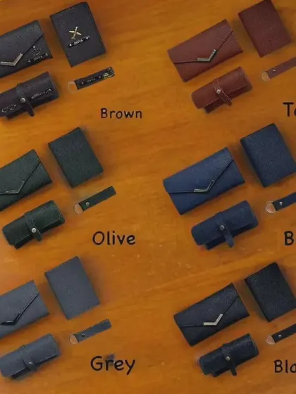 A closer look at the color options for the ladies' 4-in-1 accessory set. You can choose from brown, tan, olive, blue, grey, and black to match her style perfectly.