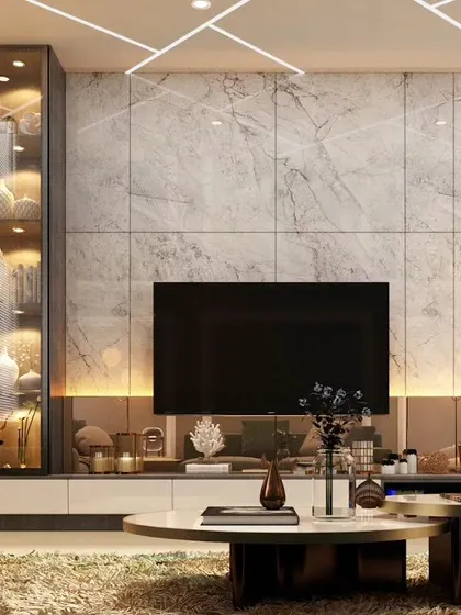 This contemporary media unit features a marble-effect back panel with a built-in display cabinet. The combination of open and closed storage, along with integrated accent lighting, makes it both practical and visually striking.