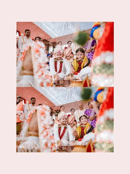 A candid and playful moment during the wedding ceremony, capturing the genuine smiles and laughter of the bride and groom.