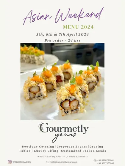 Our "Asian Weekend" menu announcement, featuring a tempting shot of our tempura prawn sushi rolls. This graphic invites customers to indulge in our special culinary adventure.