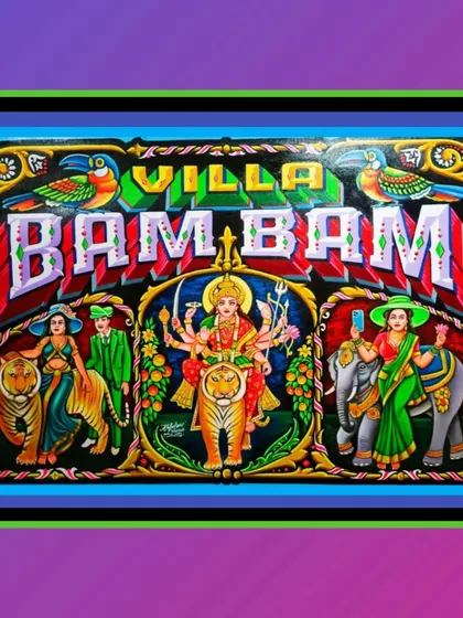 A colorful, framed version of the "Villa Bam Bam" artwork, demonstrating its potential as a decorative piece.