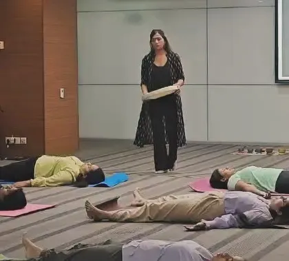 I was honored to bring a moment of peace to the workplace at ABB. This image shows a corporate wellness session where employees are experiencing a guided sound bath, a simple yet powerful way to reset during a busy workday.