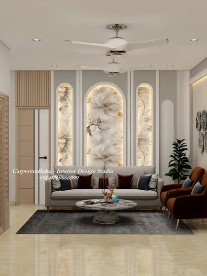 A living room featuring backlit arched panels with floral wallpaper. This design softens the space and adds a touch of romantic elegance, perfectly complementing the modern furniture.