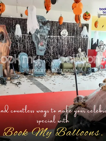 Find countless ways to make your celebrations special. This photo from a Halloween event shows our range of spooky decor, including a coffin, skeletons, and ghost props for a truly frighteningly fun party.