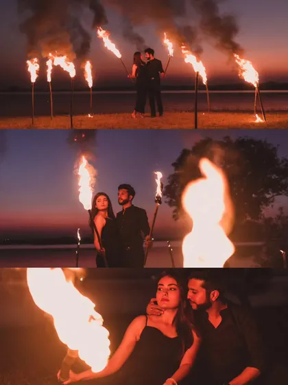 A collage from a dramatic fire-themed pre-wedding shoot, showcasing various poses and the beautiful sunset colors.