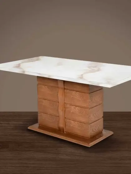 This design features a white marble top on a solid, block-style wooden base, perfect for a rustic or contemporary dining room.