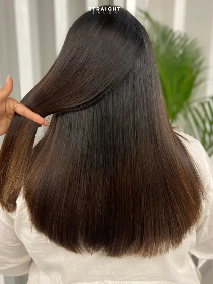 The goal is always glass-like shine and silky perfection. This is the immediate result of one of my signature hair smoothening treatments.