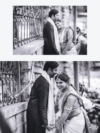 A candid black and white collage of a couple sharing a happy, intimate moment.