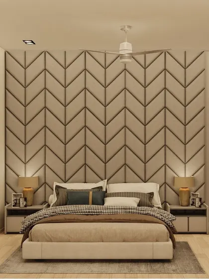 I presented this option to a client, featuring a dramatic, full-height headboard with a chevron upholstered pattern. The neutral tones and symmetrical bedside lamps create a balanced and modern look.