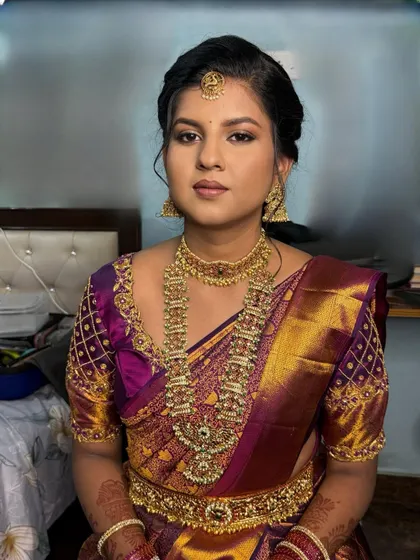 A portrait of Lekhana, looking radiant and happy on her engagement day.