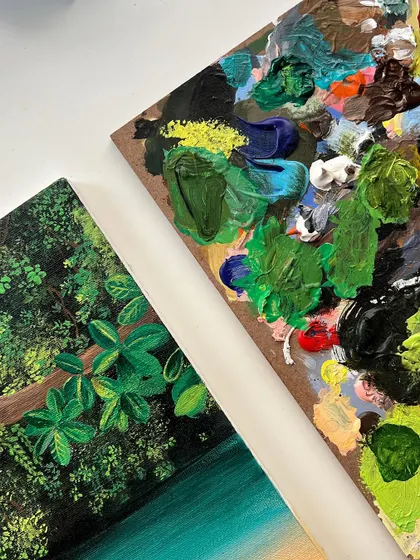 A detailed shot of the corner of the Maui painting and my palette.