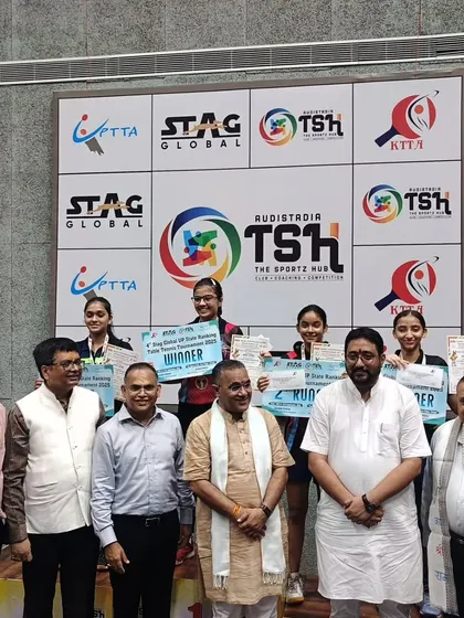 A proud moment as our players are felicitated by dignitaries at the 4th UP State Ranking Tournament. Our academy's consistent success at the state level is widely recognized.