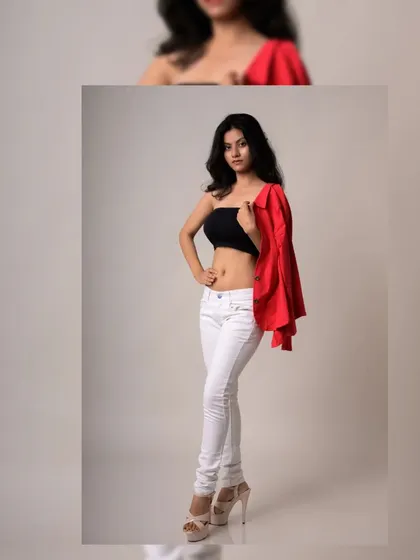 A bold and confident studio shot with a red jacket. The split image format shows off the full outfit and a dynamic pose.