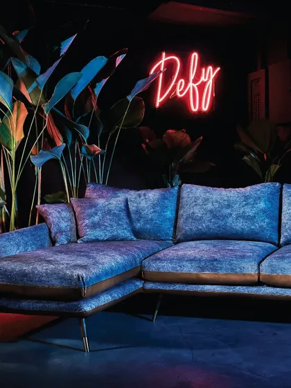 The Volta sectional sofa, a centerpiece of modern luxury. Its unique combination of textures and bold design makes it a perfect fit for a home that defies convention and embraces creativity.