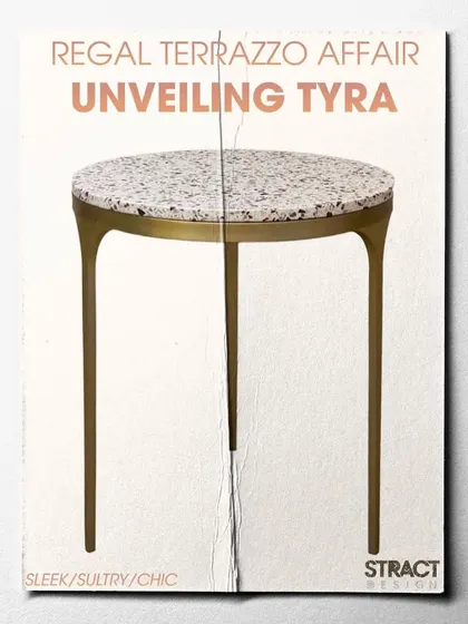 Unveiling the 'Tyra' side table. This piece is a marriage of sleek, sultry metal legs and the timeless beauty of a terrazzo top, perfect for adding a touch of post-modern elegance.