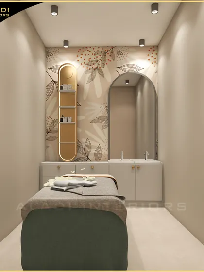 A different perspective of the botanical-themed spa room, showing the integrated vanity, arched mirror, and custom-lit shelving that complete the cohesive design.