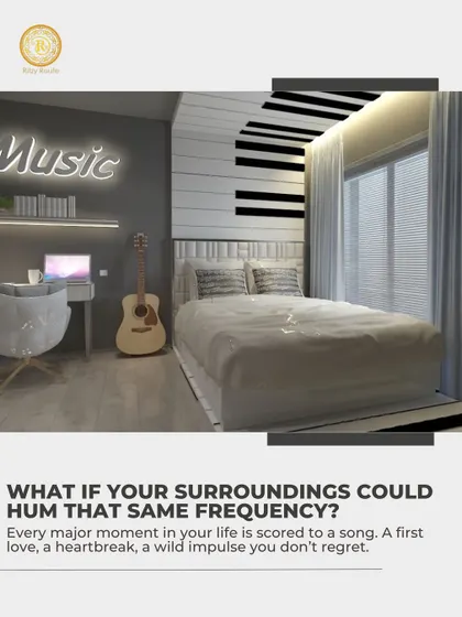 What if your surroundings could hum your favorite song? This music-themed bedroom features a piano key headboard and a neon "Music" sign, creating a space that resonates with passion and creativity.